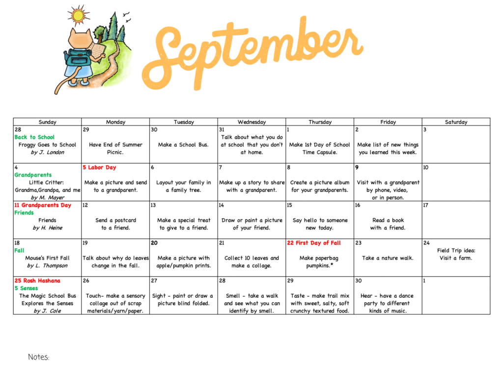 September reading activity calendar